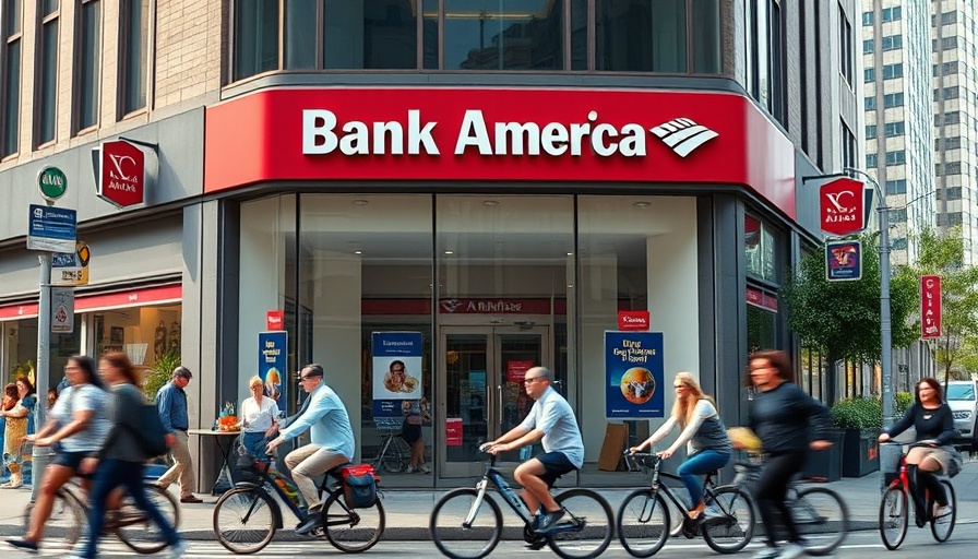 Bank of America branch in busy urban setting with pedestrians and cyclists.