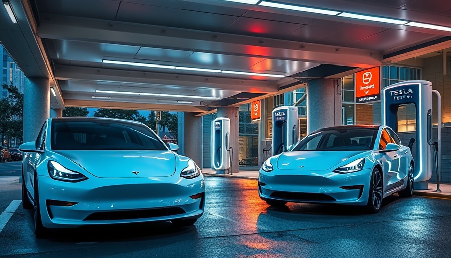Tesla Supercharger access with modern electric cars at night