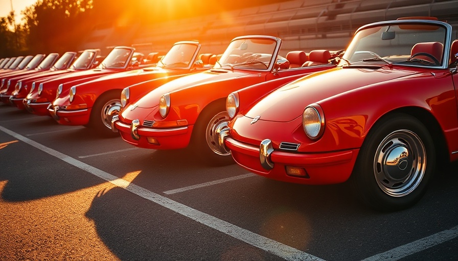 Line of red convertible cars on asphalt in sunlight, Porsche Taycan Turbo S.