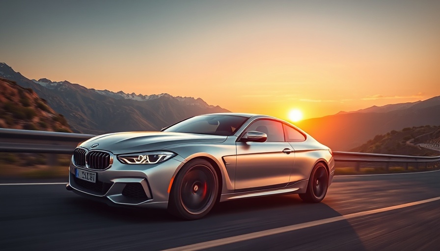 Sleek silver car driving on mountain road at sunset.