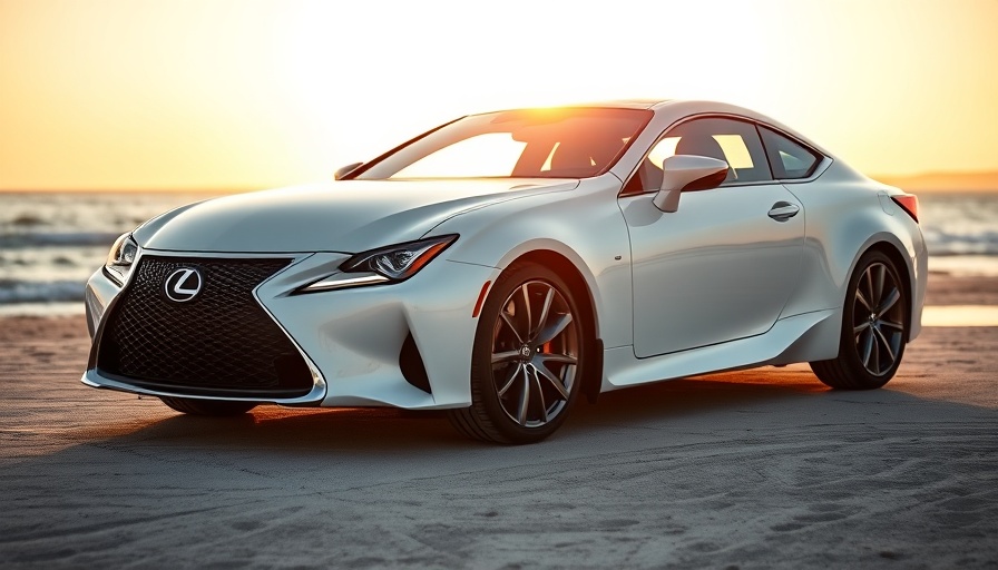 Lexus RC Final Edition on beach at sunset, photorealistic scene.
