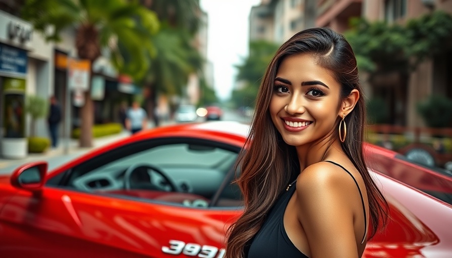 Young woman at Miami Concours, smiling near red sports car.