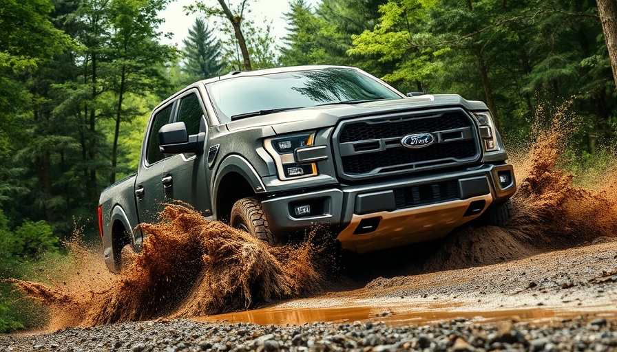 Ford off-road vehicle splashing through mud in a forest.