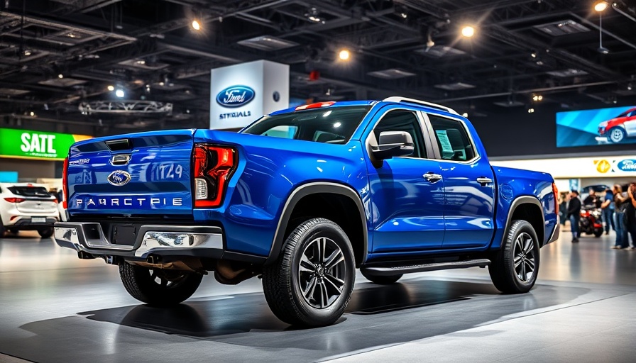 Ram 1500 REV displayed at auto show with blue lighting.