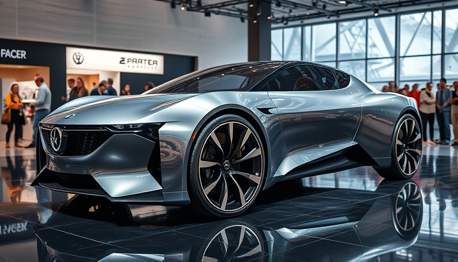 Futuristic car with in-wheel motors on display in exhibition.