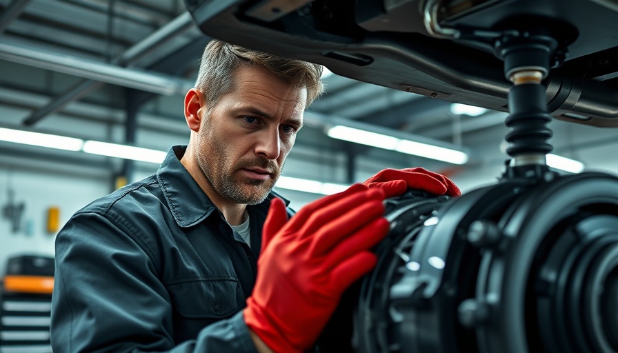 Mechanic repairing car transmission for used car sales in garage