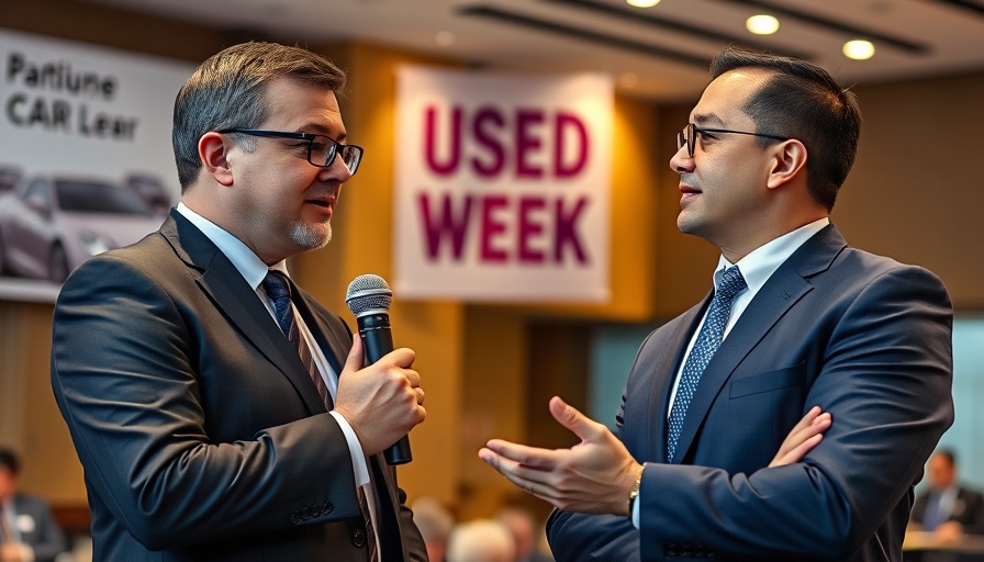 Business professionals discussing at Used Car Week conference.