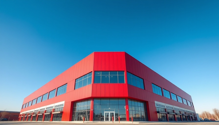 Modern industrial building with red facade under blue sky.
