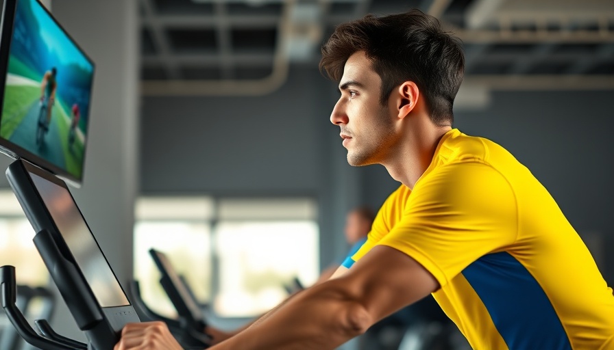 Young cyclist in yellow engaged in virtual cycling ride
