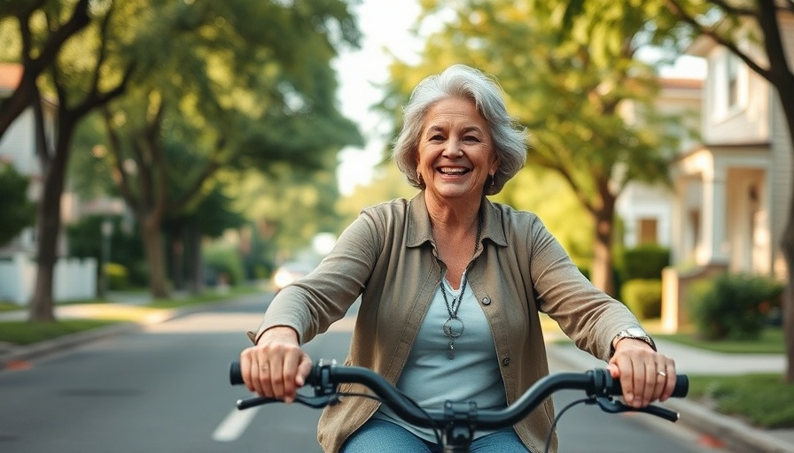 Joyful woman riding e-bike on a sunny suburban street.
