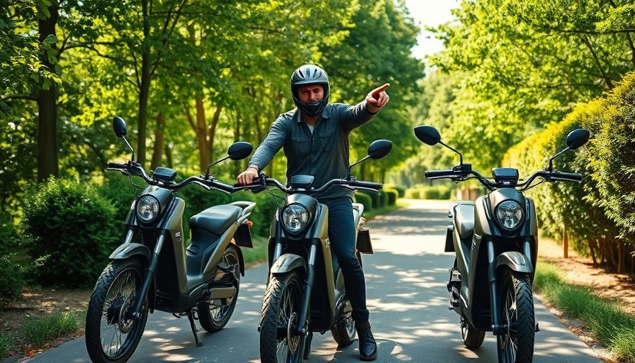 Outdoor enthusiast pointing at e-bikes with lush greenery.