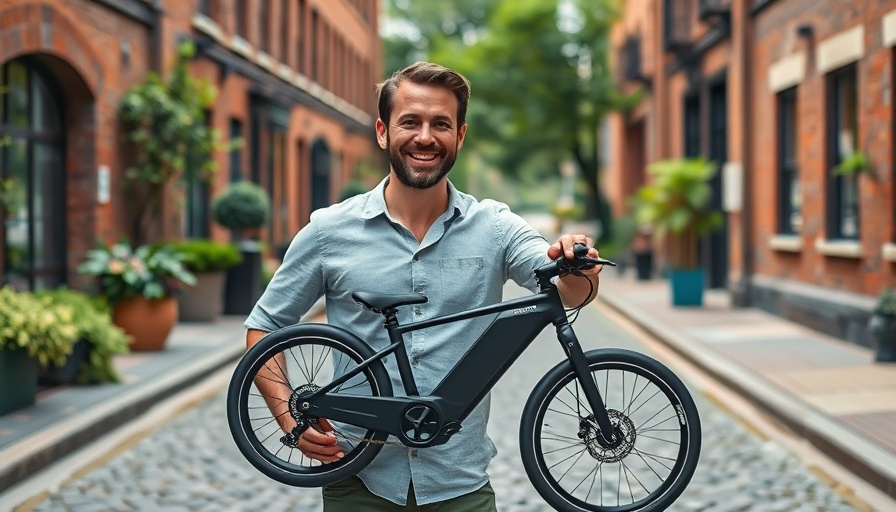 Man showcasing futuristic e-bike component on urban street.