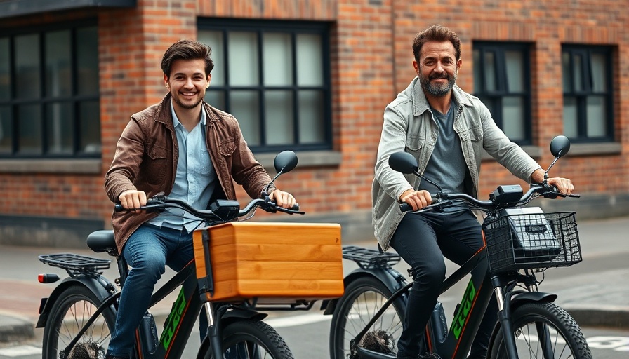 Adults standing with cargo e-bikes on a city sidewalk.