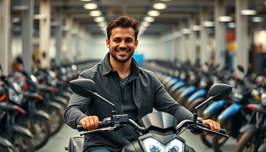 Person with electric motorbike in factory, smiling confidently.