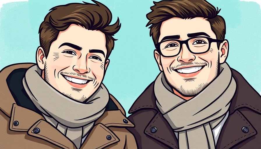 Illustrative portrait of two men with winter clothing against turquoise background.