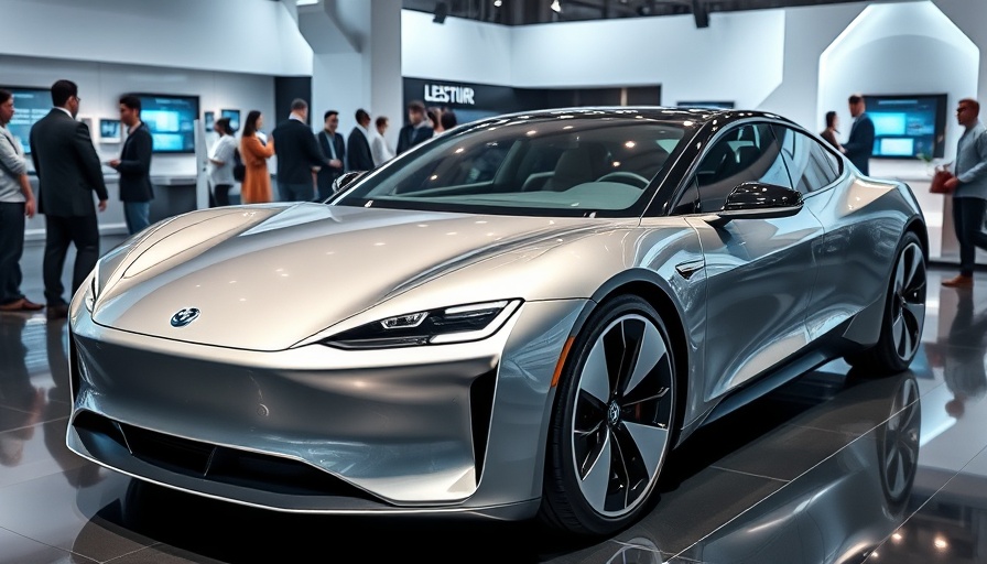 Sleek modern electric car with in-wheel motors in a futuristic showroom.