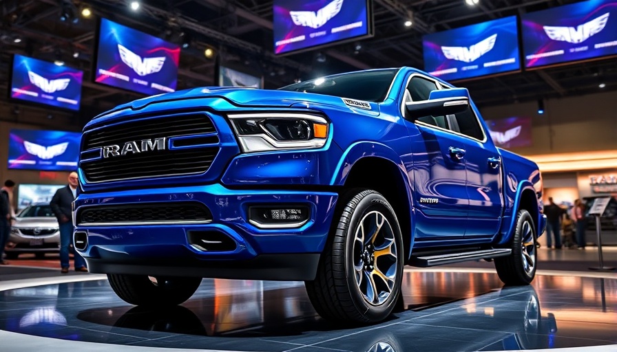 Sleek Ram 1500 REV truck at auto show with digital display backdrop.