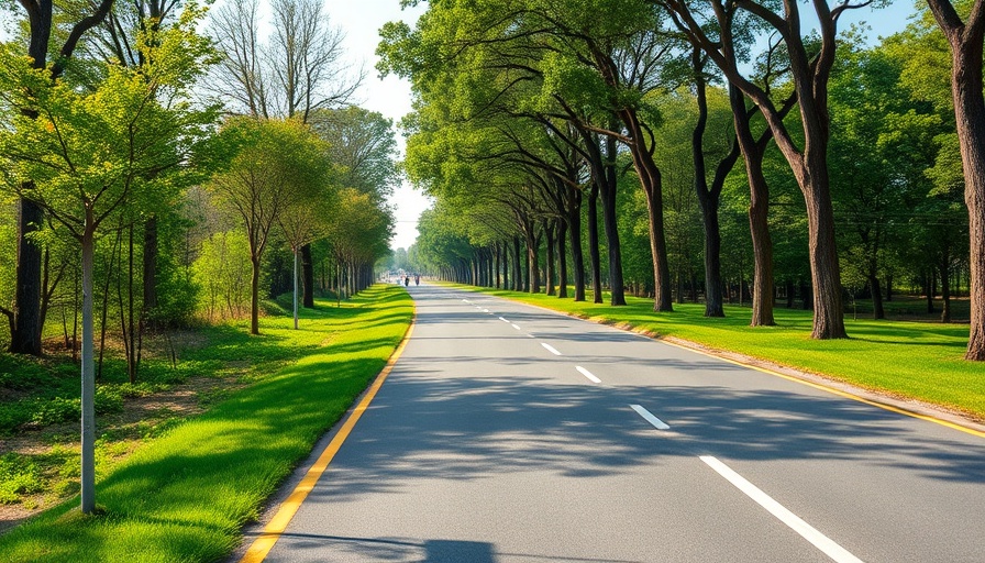 Sunny cycling corridor with lane markings and trees.
