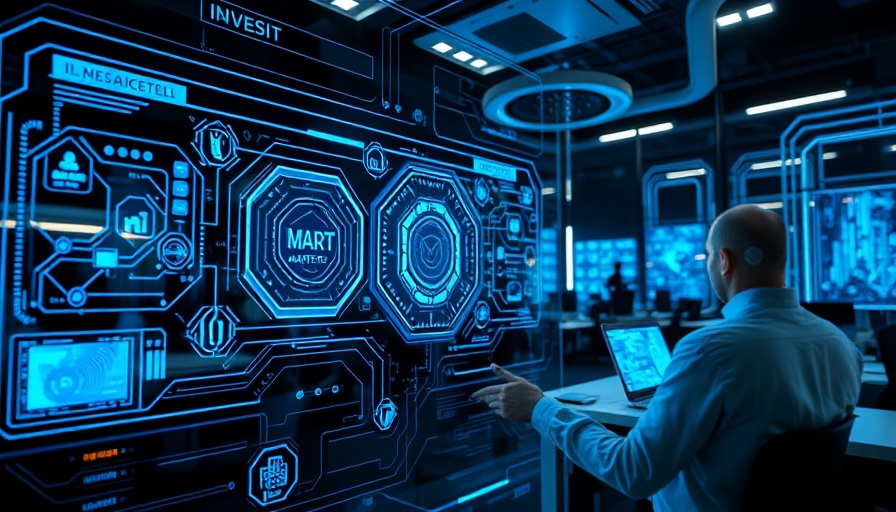 Futuristic marketing technology interface in a modern office.