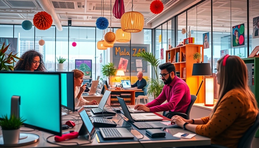 Creative team engaged with martech devices in modern office, showcasing Martech usage.