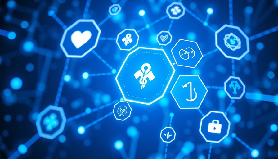 Futuristic icons representing healthcare marketing on blue background.