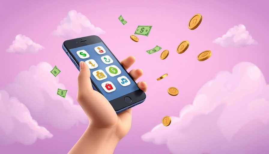 Cartoon smartphone with finance icons, Fractional CMOs concept, purple background.