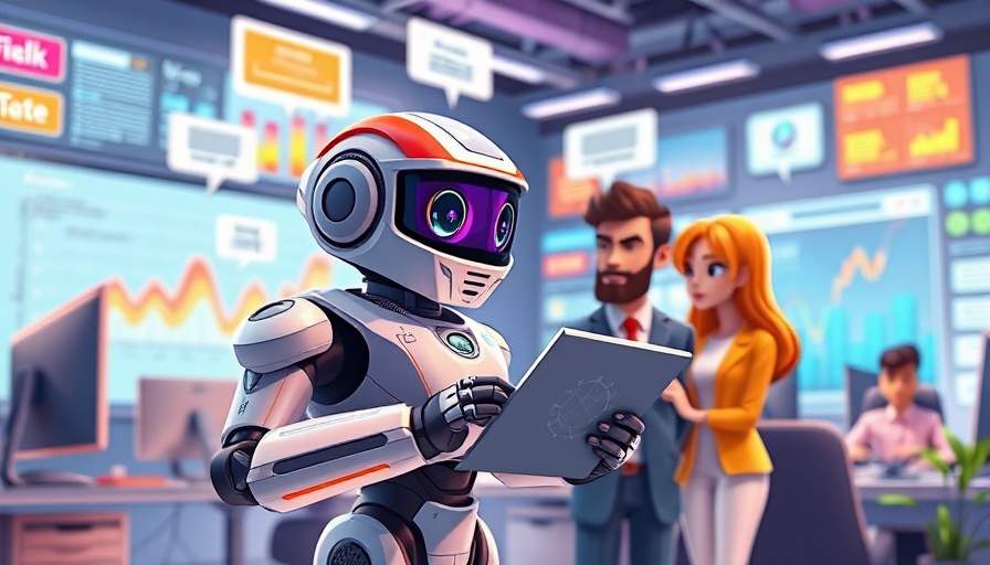 Futuristic robot and team analyzing data in a marketing technology setting.