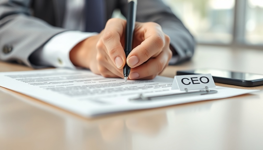 Close-up of hand signing document with CEO nameplate, CEO of You.