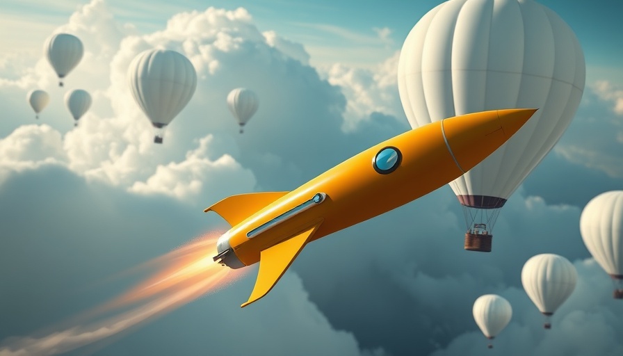 Rocket symbolizing business growth surpasses hot air balloons in sky.