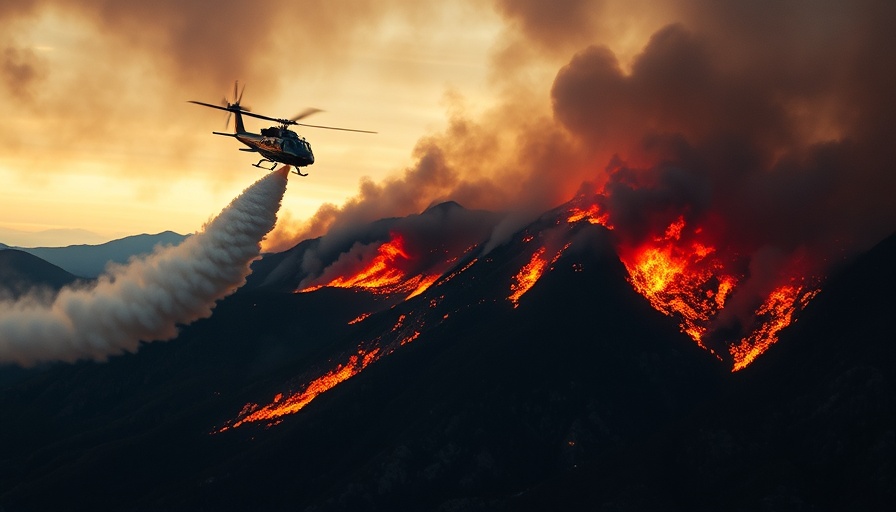 Helicopter fighting Los Angeles wildfires at twilight.