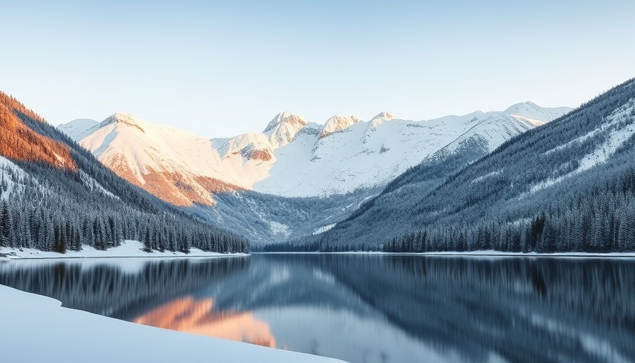 Serene snowy mountain landscape with reflecting lake.