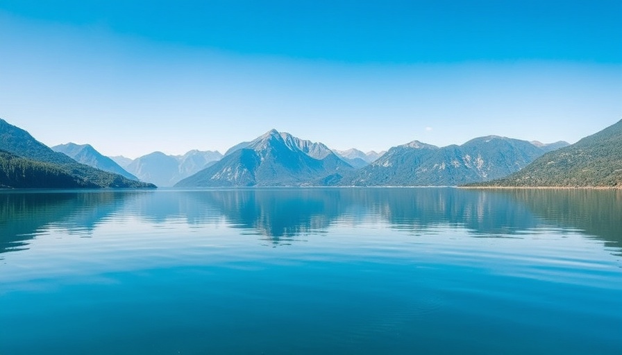 Serene mountain landscape reflected in a clear lake under vibrant blue skies.