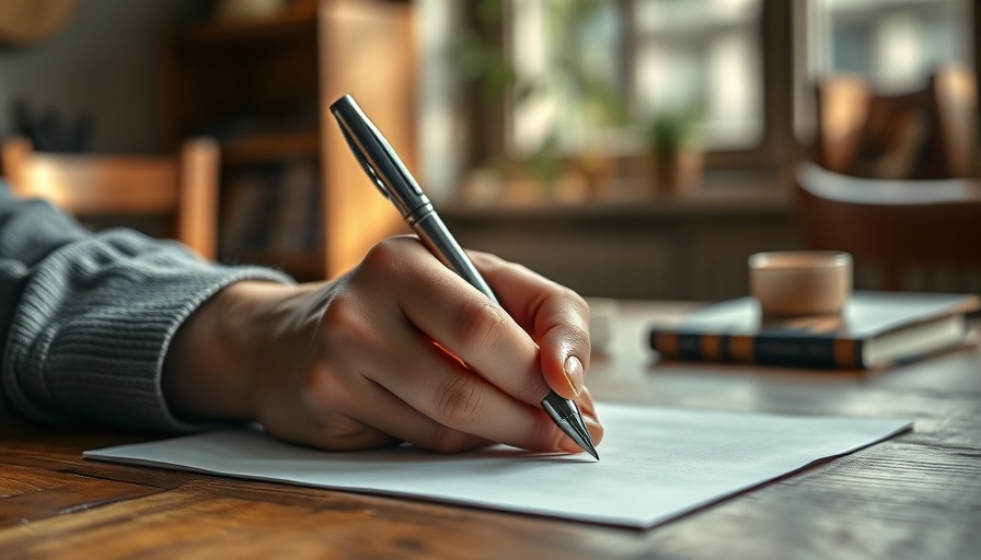 Person using a pen on paper with a coffee mug nearby, AI Tools writing scene.