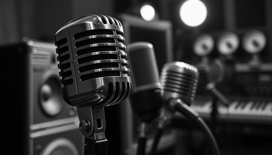 Vintage microphones in dimly lit studio, Duct Tape Marketing Podcast setting.