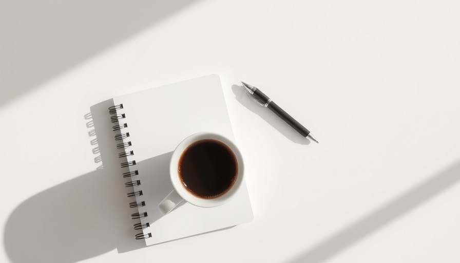 Minimalist coffee cup and notebook scene with natural light.