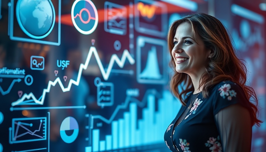 Woman promoting research with glowing graphics background