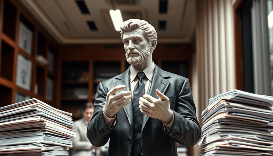 Statue-like figure as content marketer with documents, conceptual.