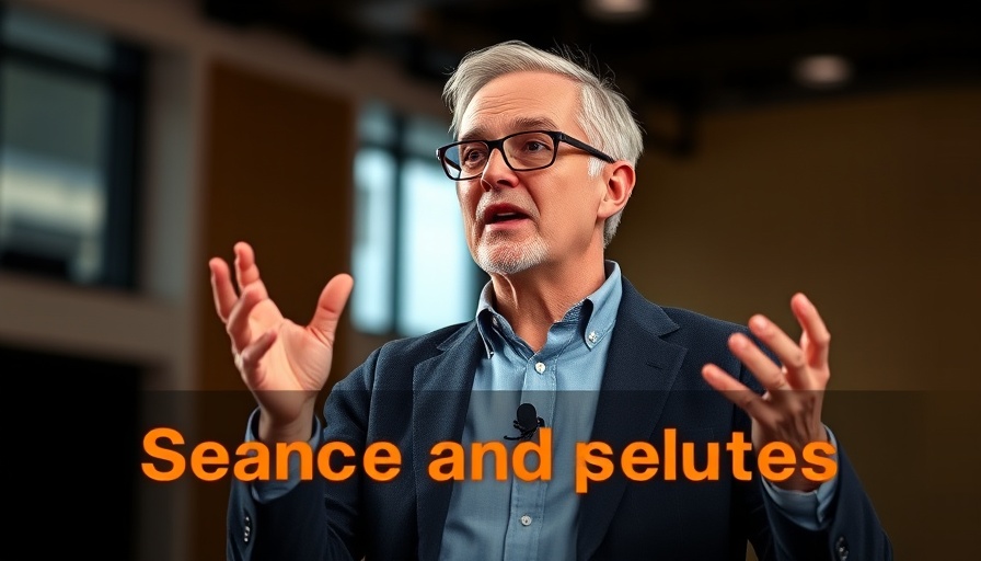Confident speaker gesturing at event with seths.blog text, commons theme.