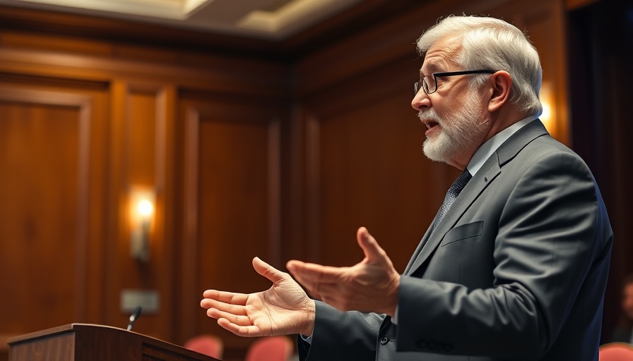 Older man giving a presentation on a stage, vibrant background.