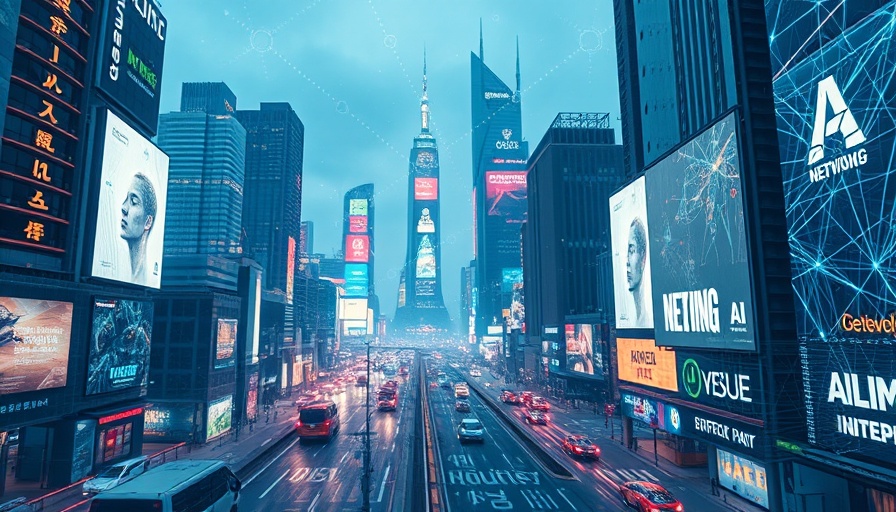 AI in advertising concept with digital landscape and cityscape