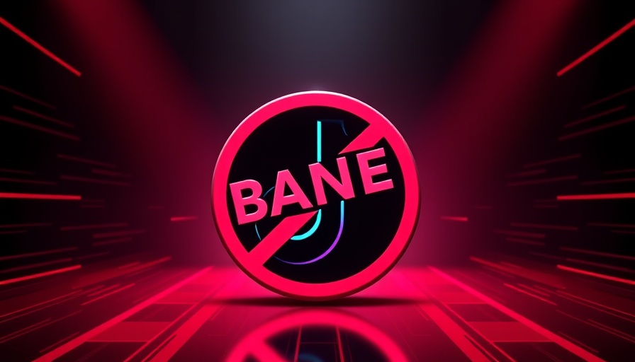 Futuristic TikTok ban symbol on red background.