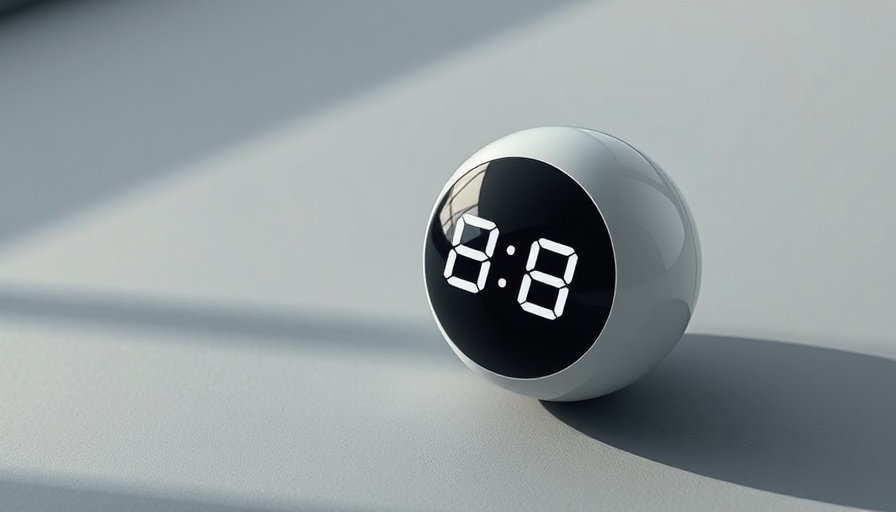 Sleek digital clock on grey surface, modern minimalistic design.