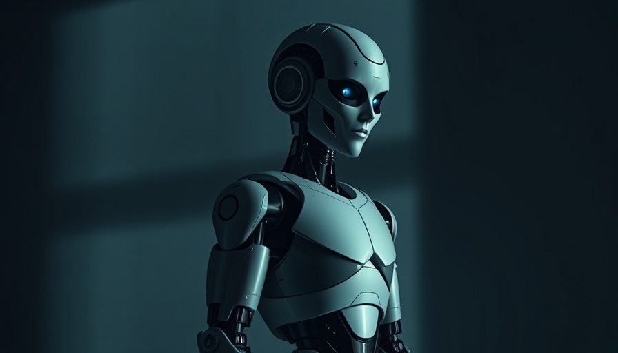 Sleek humanoid robot in dark room casting shadow, low lighting.
