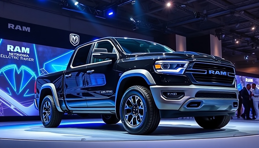 Sleek Ram electric truck at motor show under spotlight.