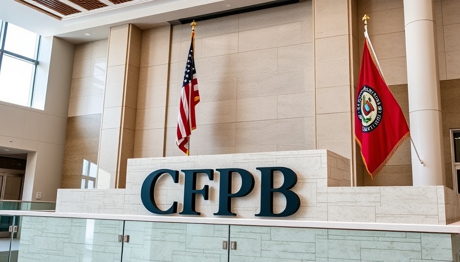 CFPB office interior with sign and flags, related to CFPB fine