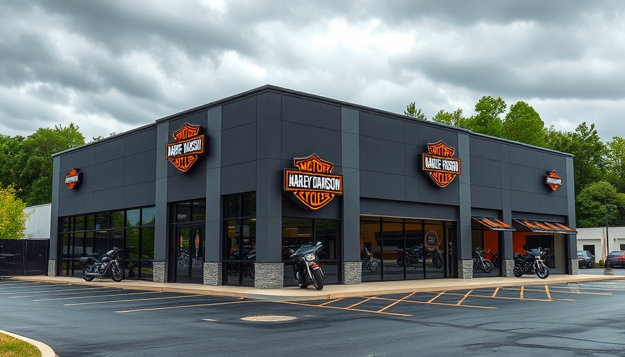 Modern Manchester Harley-Davidson store with parking lot and greenery.