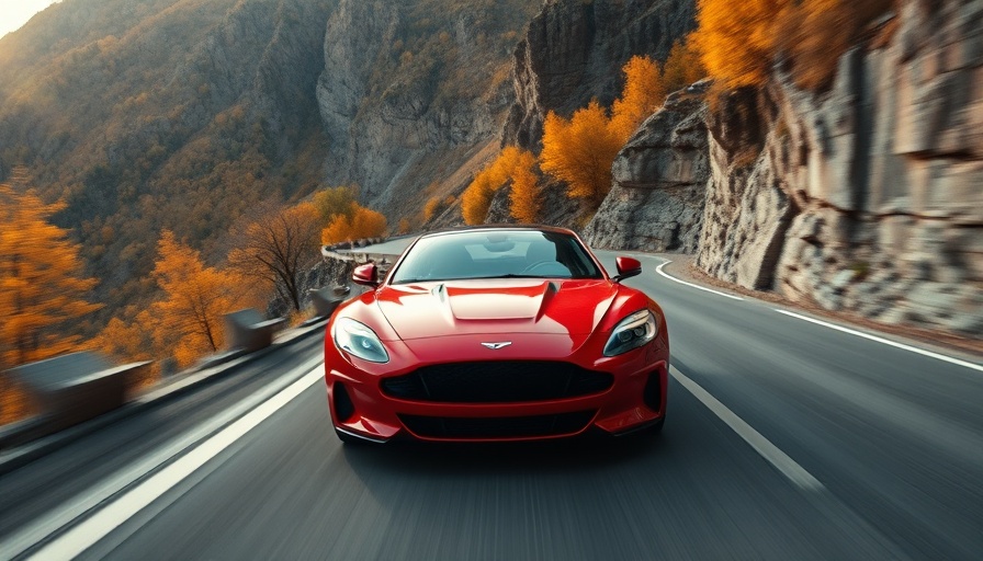 Red hybrid vehicle driving on scenic mountain road.