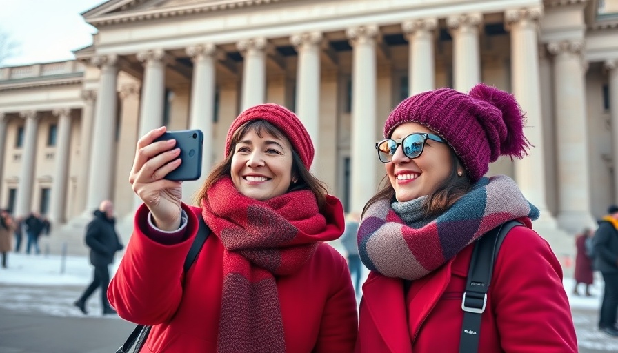 Two women filming in front of classical building amid TikTok ban discussions.