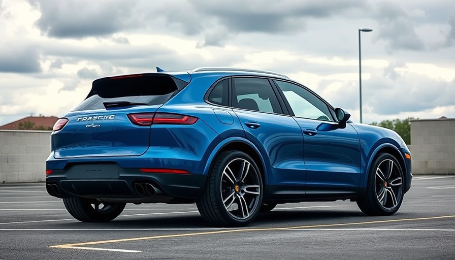 Sleek blue Porsche Cayenne E-Hybrid parked in modern setting