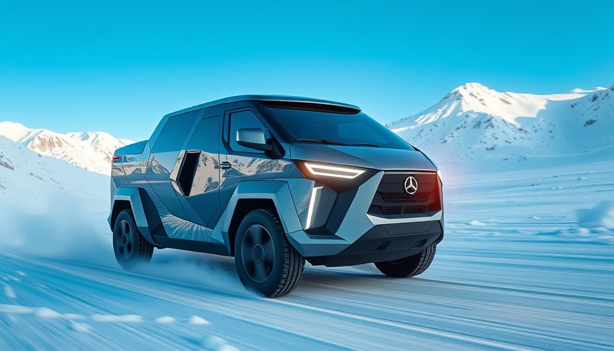 Futuristic electric truck in snow highlighting automotive industry trends.